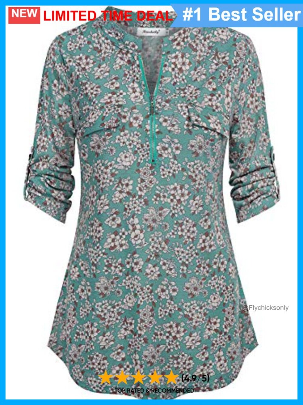 Womens 3/4 Sleeve Plaid Floral Tunic Blouse Zip V-Neck Casual Top